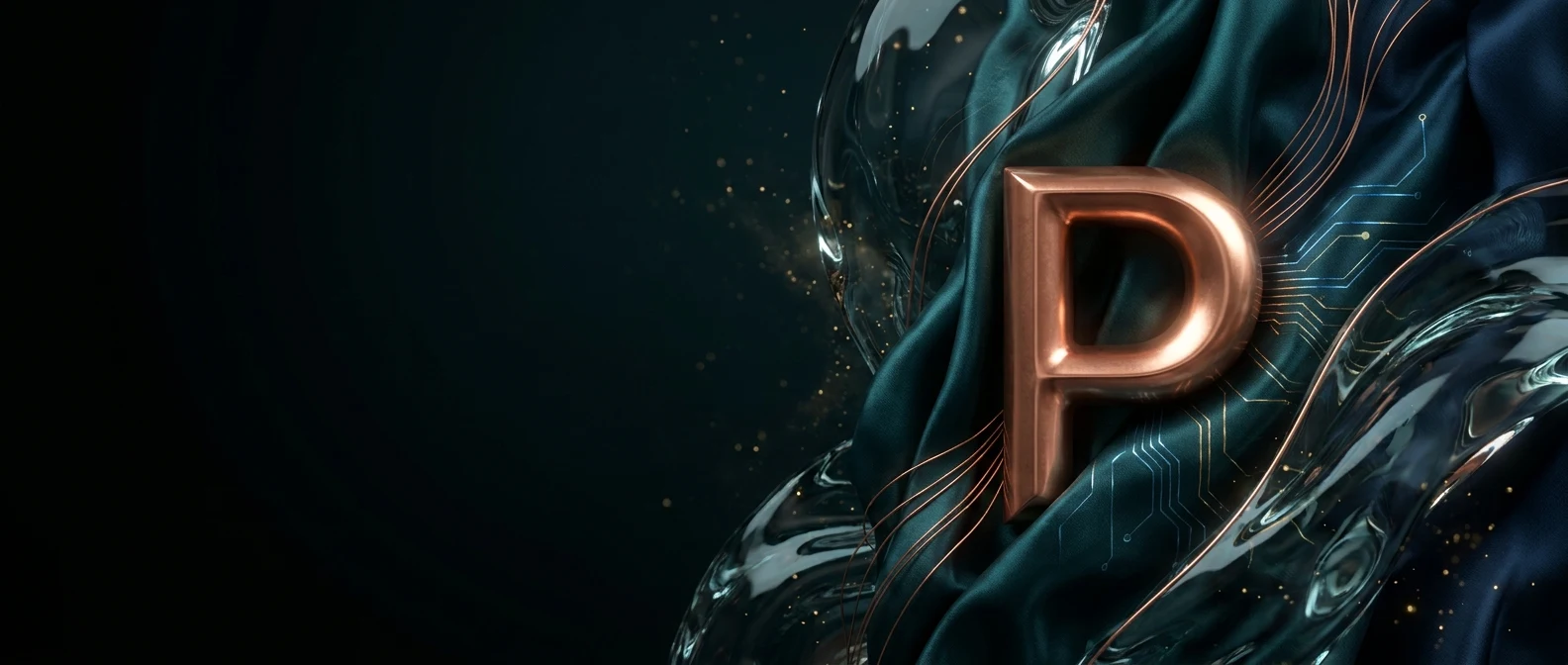 Purushottam Niraula — deep petrol teal and copper monogram artwork